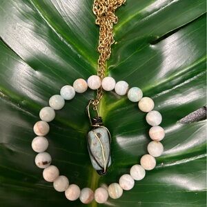 CARIBBEAN CALCITE wire wrapped crystal pendant necklace & 8mm bracelet set